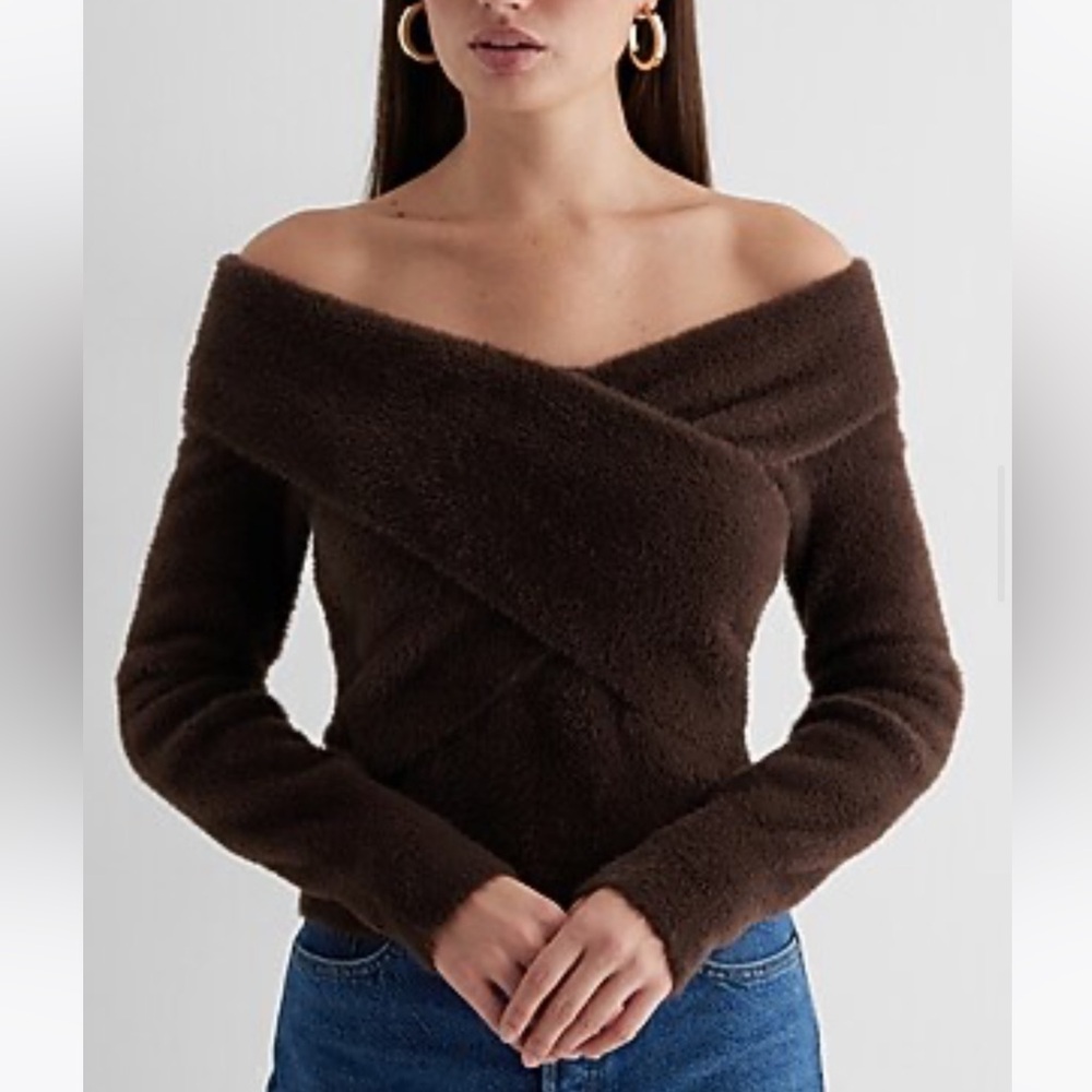 Faux Fur Off The Shoulder Surplice Sweater